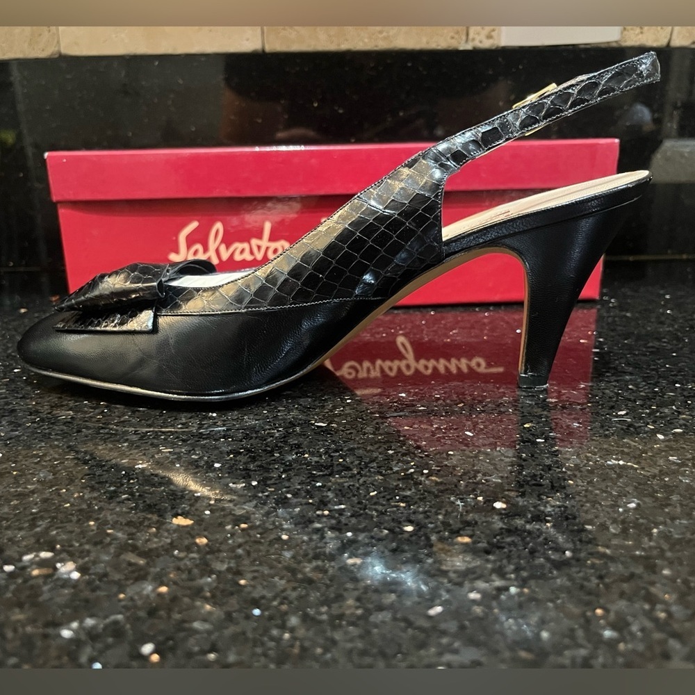 Salvatore Ferragamo Black Croc Textured Heels